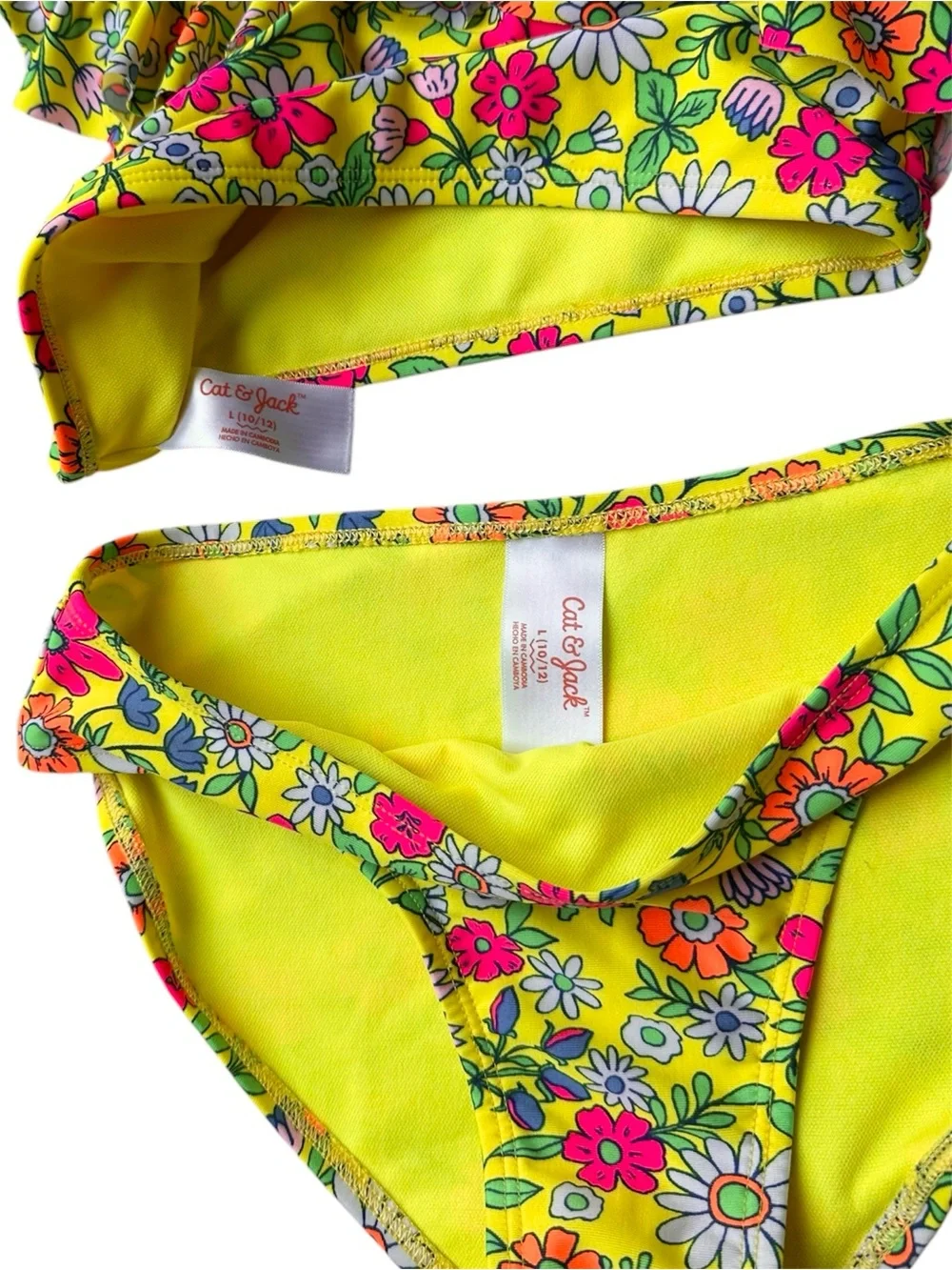 Cat & Jack 10/12 Girls yellow pink floral Ruffle 2 piece swim suit set